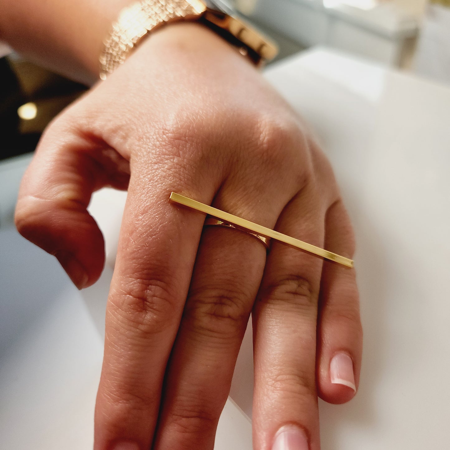 Goldtone Long Square Bar Ring