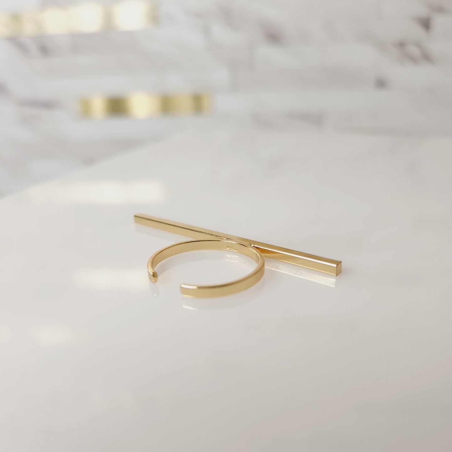 Goldtone Long Square Bar Ring