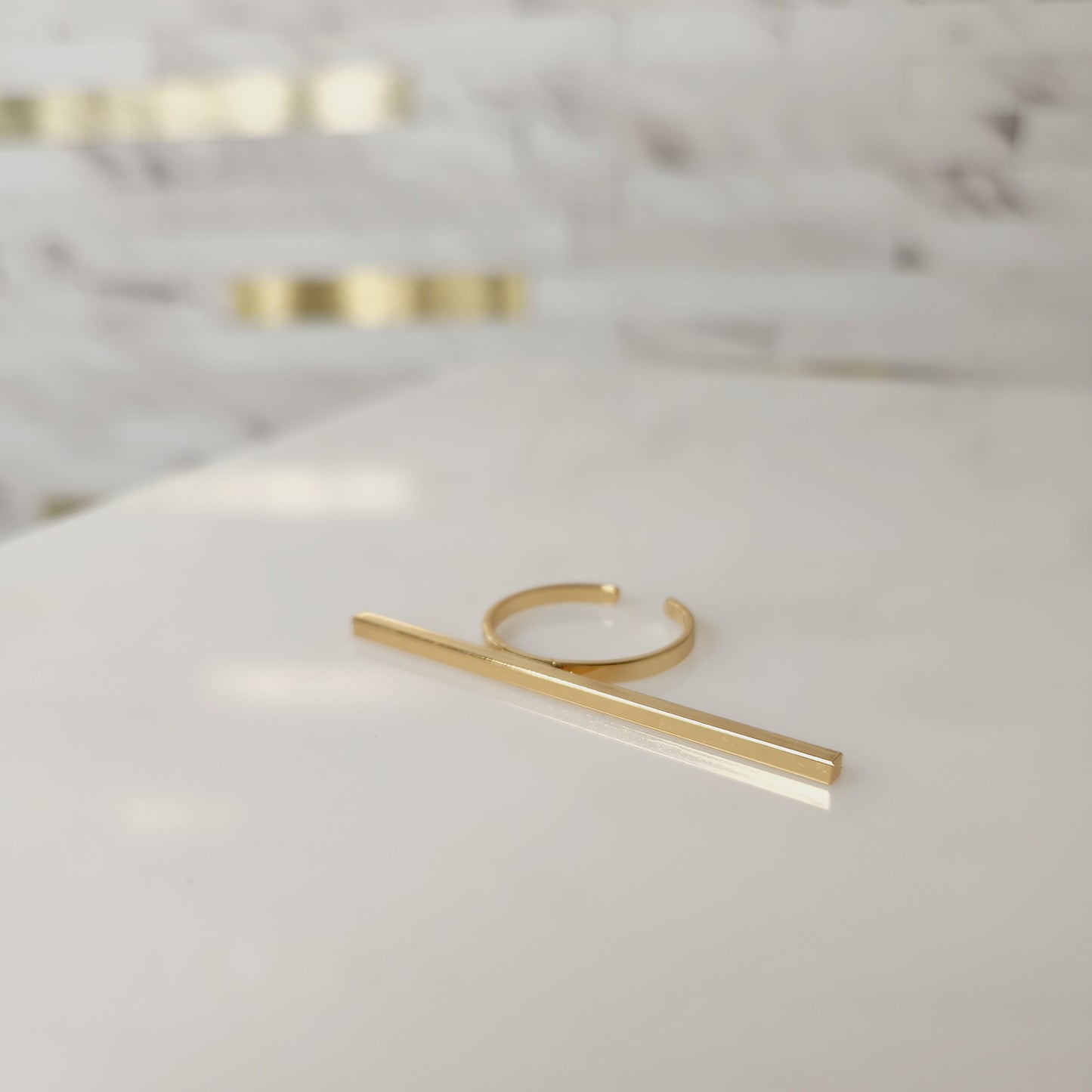 Goldtone Long Square Bar Ring