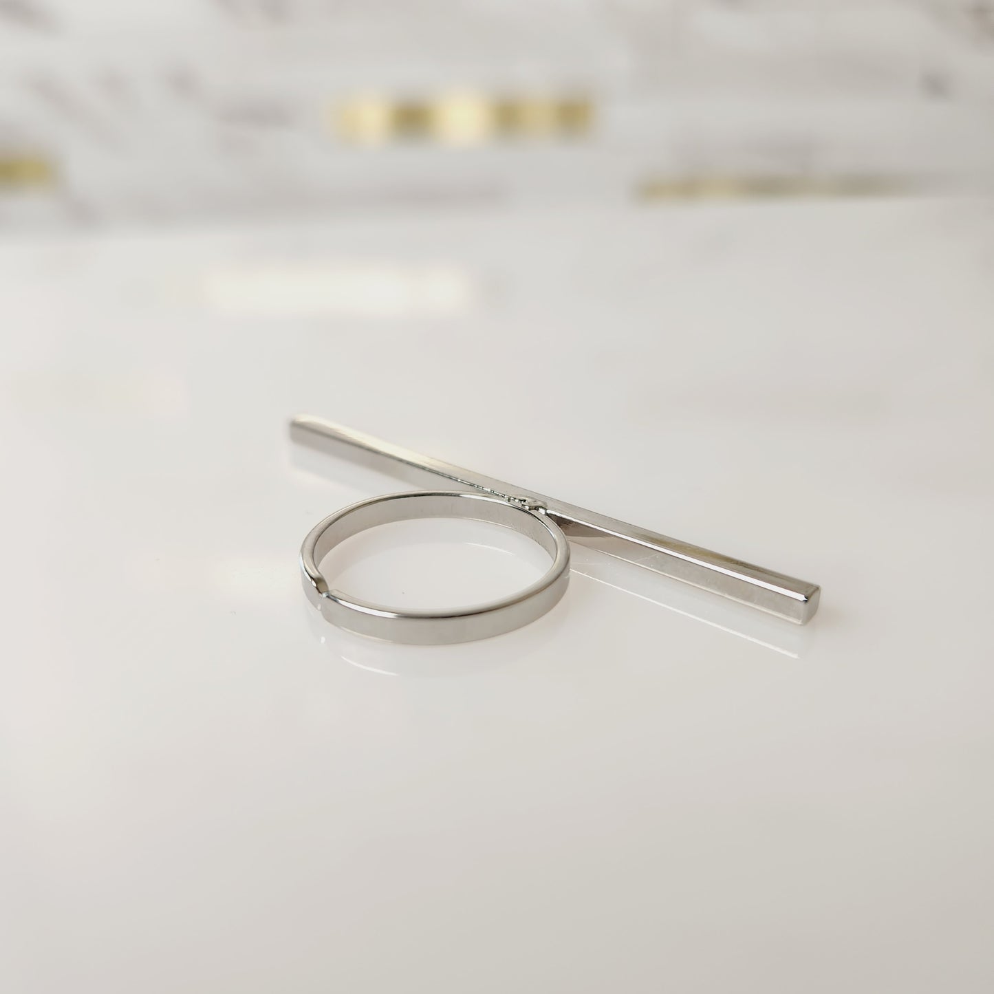 Silvertone Long Square Bar Statement Ring