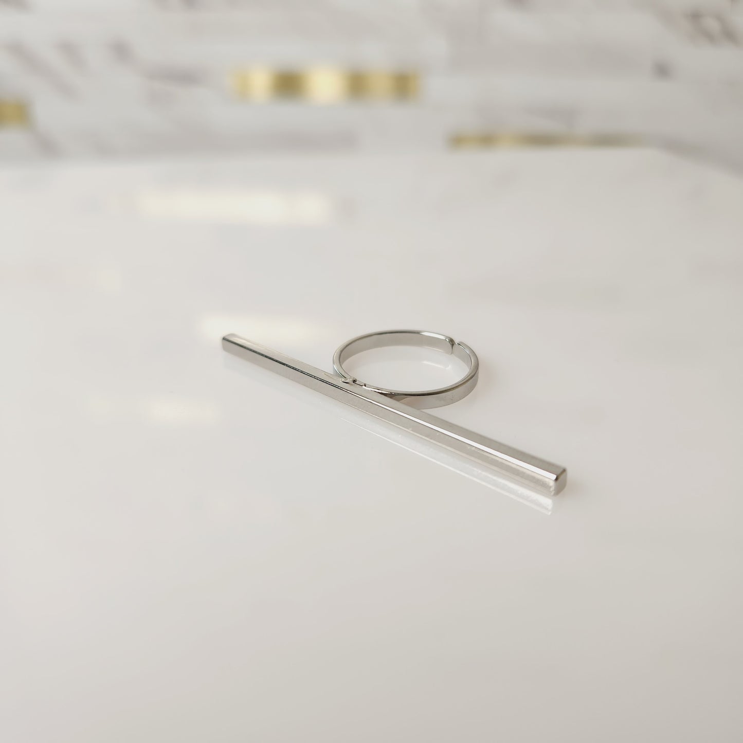 Silvertone Long Square Bar Statement Ring