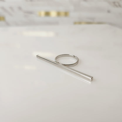 Silvertone Long Square Bar Statement Ring