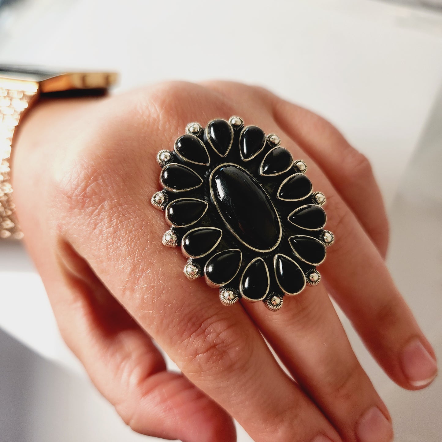 Black Onyx Solid Sterling Silver Adjustable Ring