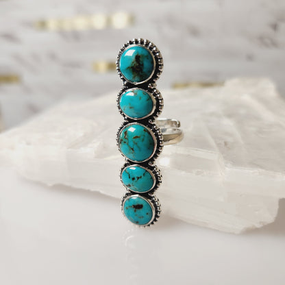 Long Turquoise Solid Sterling Silver Adjustable Ring