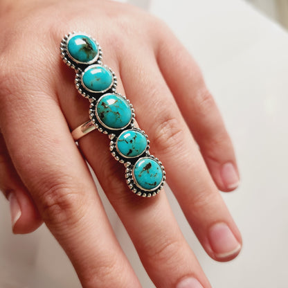 Long Turquoise Solid Sterling Silver Adjustable Ring