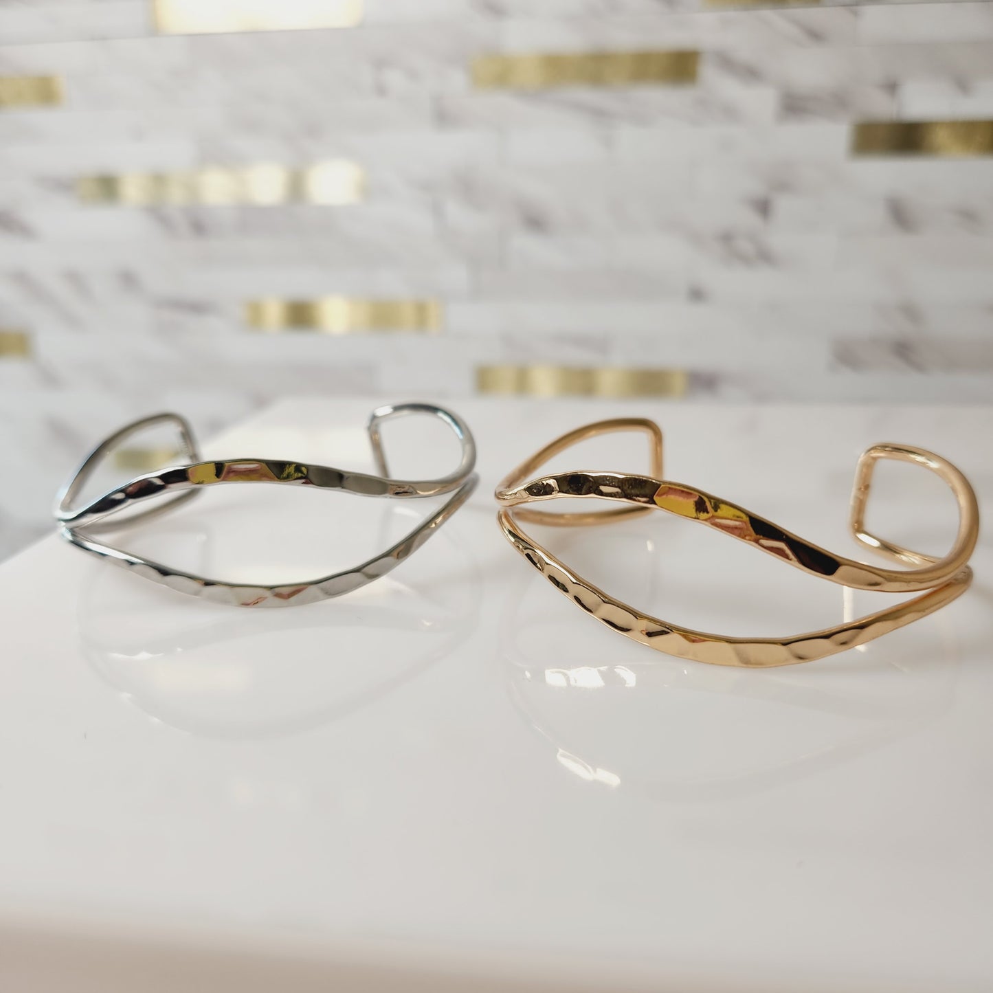 Adjustable Wave Cuff Bangle Bracelet in Silver or Gold