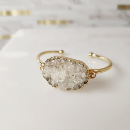Raw Quartz Druzy Bangle Wire Wrapped Gold Plated Bracelet
