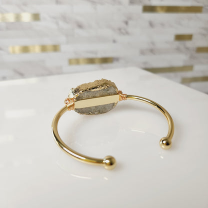 Raw Quartz Druzy Bangle Wire Wrapped Gold Plated Bracelet
