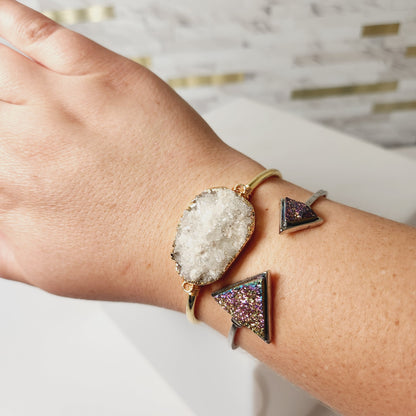 Raw Quartz Druzy Bangle Wire Wrapped Gold Plated Bracelet
