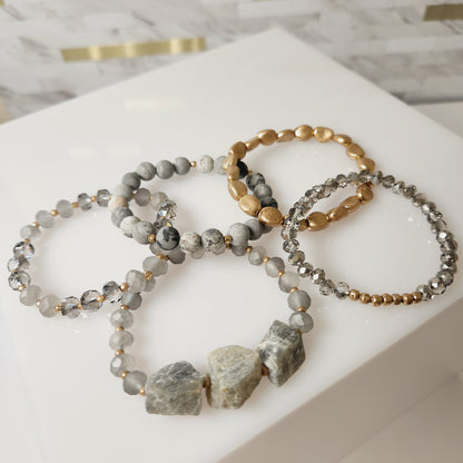 Set of 5 Natural Crystal Stone Beaded Bracelets