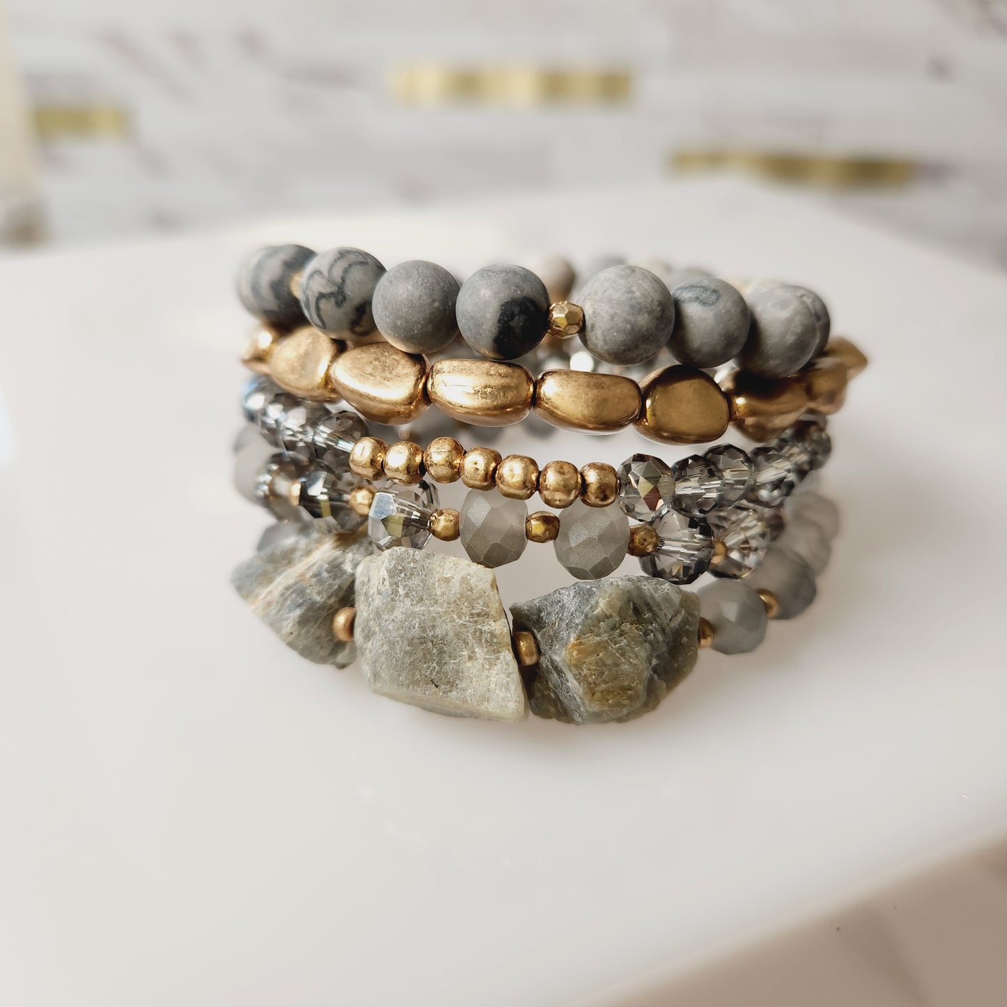 Set of 5 Natural Crystal Stone Beaded Bracelets