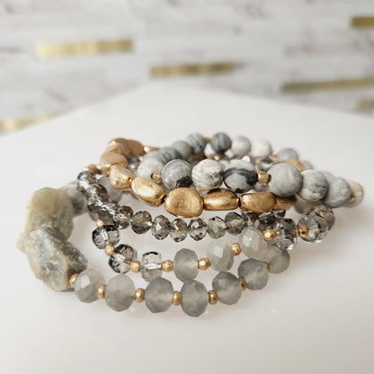 Set of 5 Natural Crystal Stone Beaded Bracelets