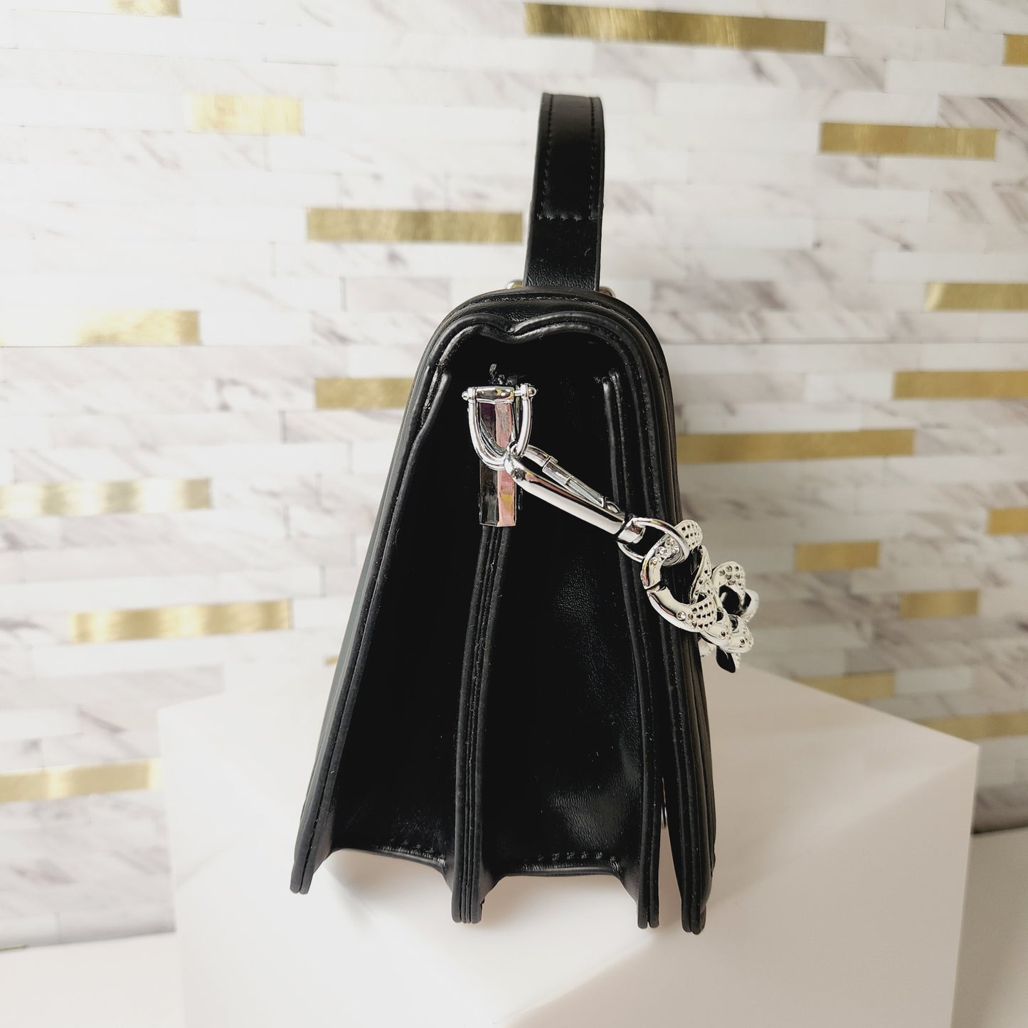 Black Ribbed Crossbody Purse with Silver Chain