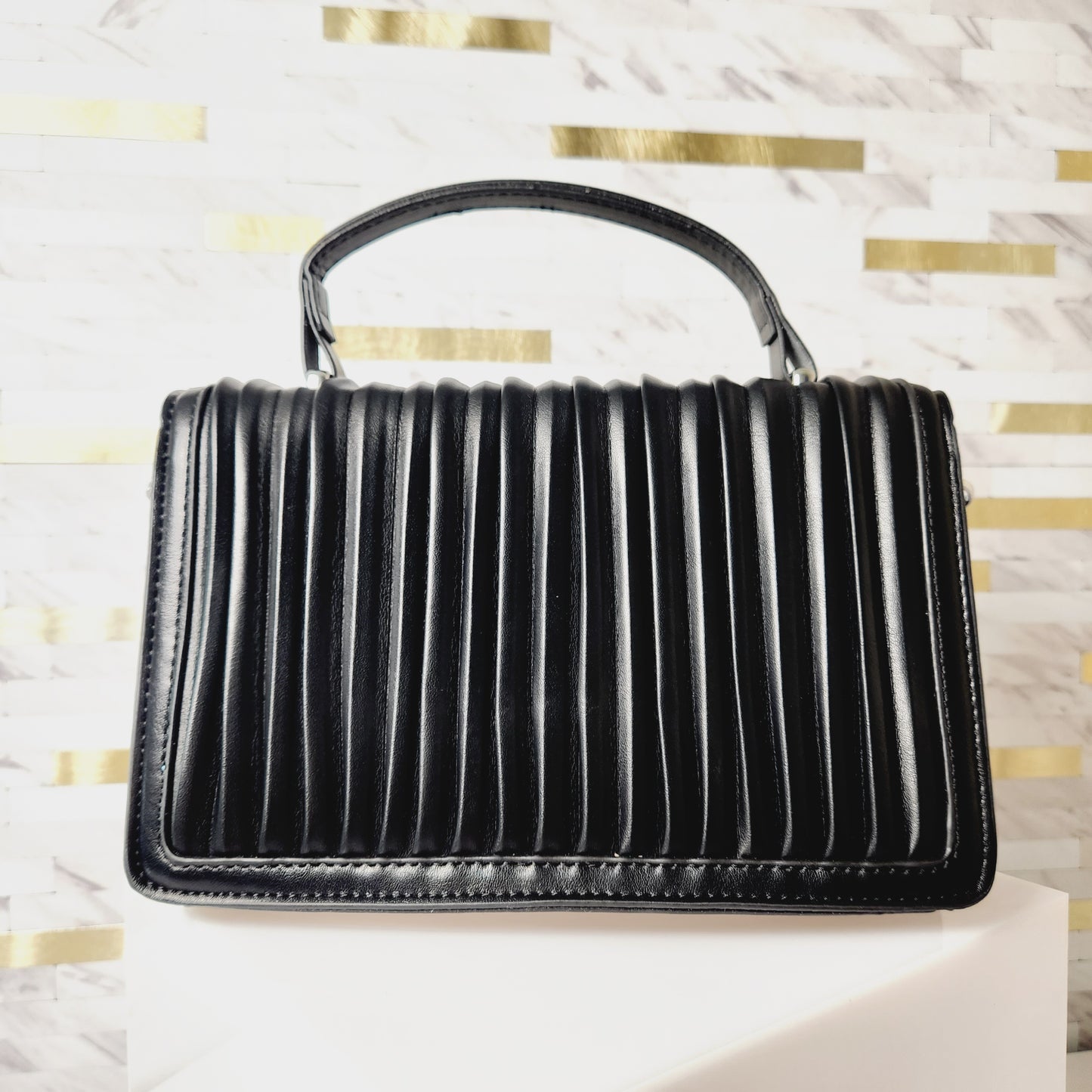 Black Ribbed Crossbody Purse with Silver Chain