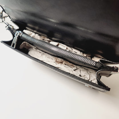 Black Ribbed Crossbody Purse with Silver Chain