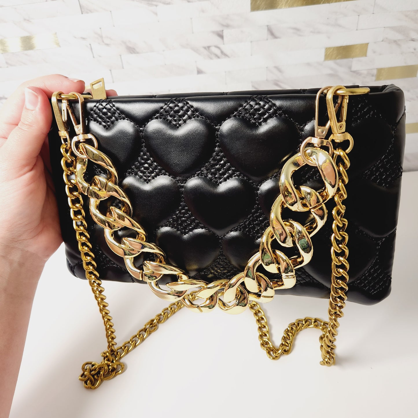 Black Puffy Heart Crossbody with Gold Chains