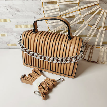 Tan Rhinestone Chain Crossbody Purse