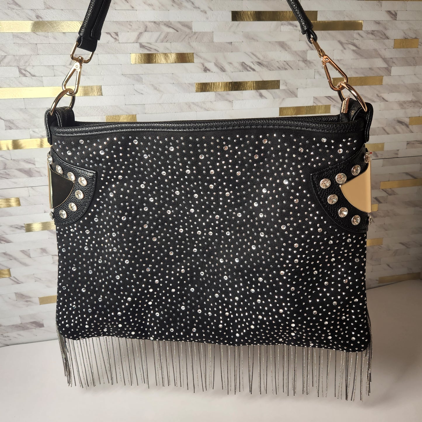 Black Rhinestone Studded Fringe Hobo Handbag
