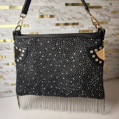 Black Rhinestone Studded Fringe Hobo Handbag