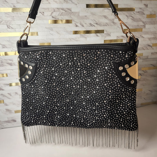 Black Rhinestone Studded Fringe Hobo Handbag