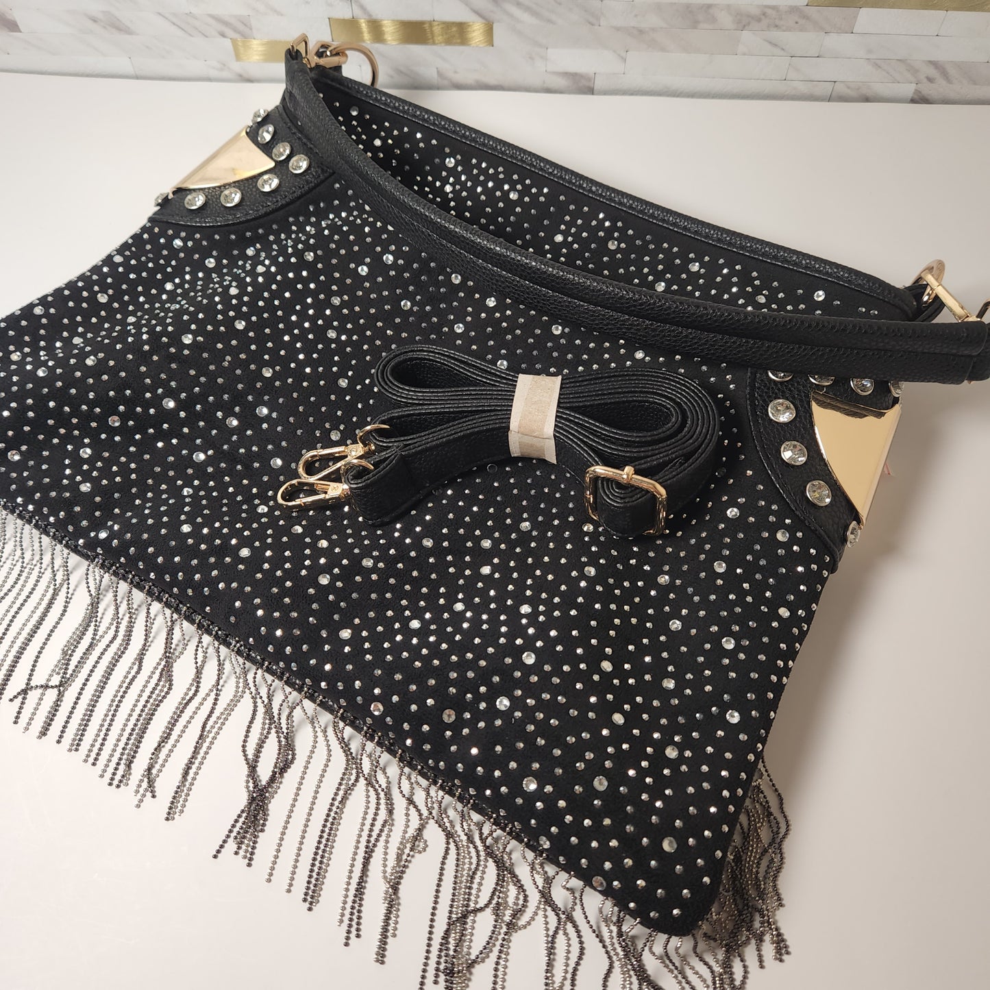 Black Rhinestone Studded Fringe Hobo Handbag