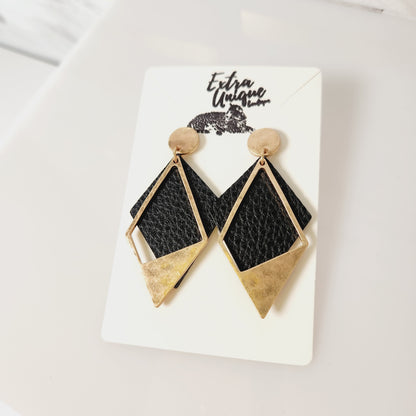 Goldtone Faux Leather Black Diamond Shape Earrings