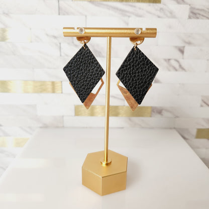 Goldtone Faux Leather Black Diamond Shape Earrings