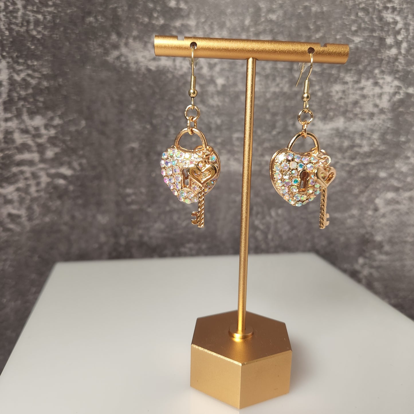 Rhinestone Heart Lock and Key Gold Earrings
