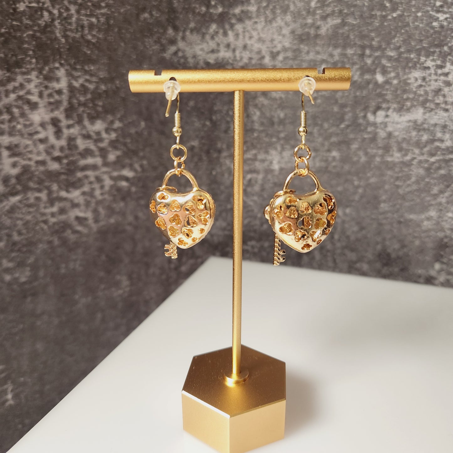 Rhinestone Heart Lock and Key Gold Earrings