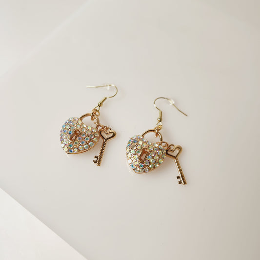 Rhinestone Heart Lock and Key Gold Earrings