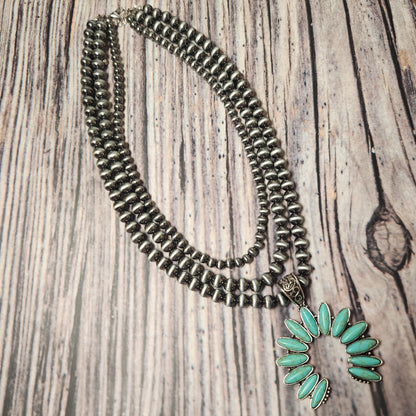 Turquoise Beaded Pearl Naja Pendant Layered Necklace