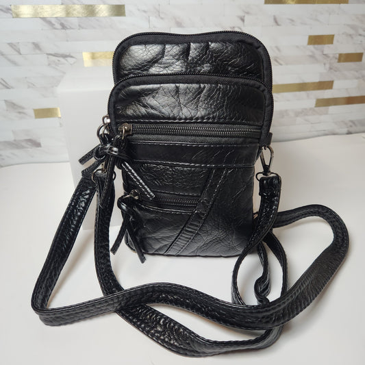 Black Soft Washed PU Leather Mini Zippered Crossbody
