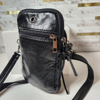 Black Soft Washed PU Leather Mini Zippered Crossbody