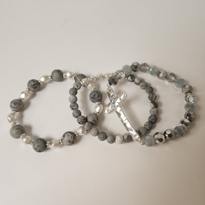 Semi Precious Set of Three Beaded Bracelets With Hammered Cross Focal