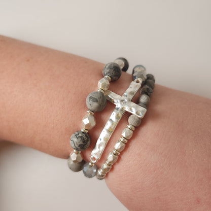 Semi Precious Set of Three Beaded Bracelets With Hammered Cross Focal
