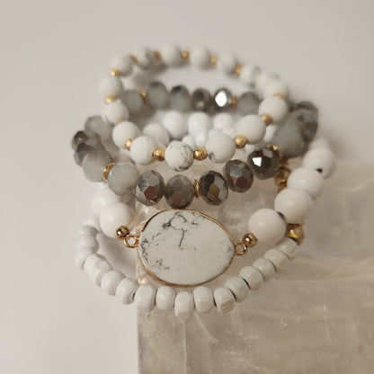 Set of Four Wood, Glass, and Natural Stone Beaded Stretch Bracelets