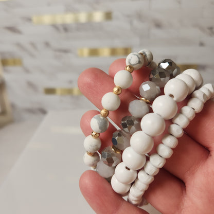 Set of Four Wood, Glass, and Natural Stone Beaded Stretch Bracelets