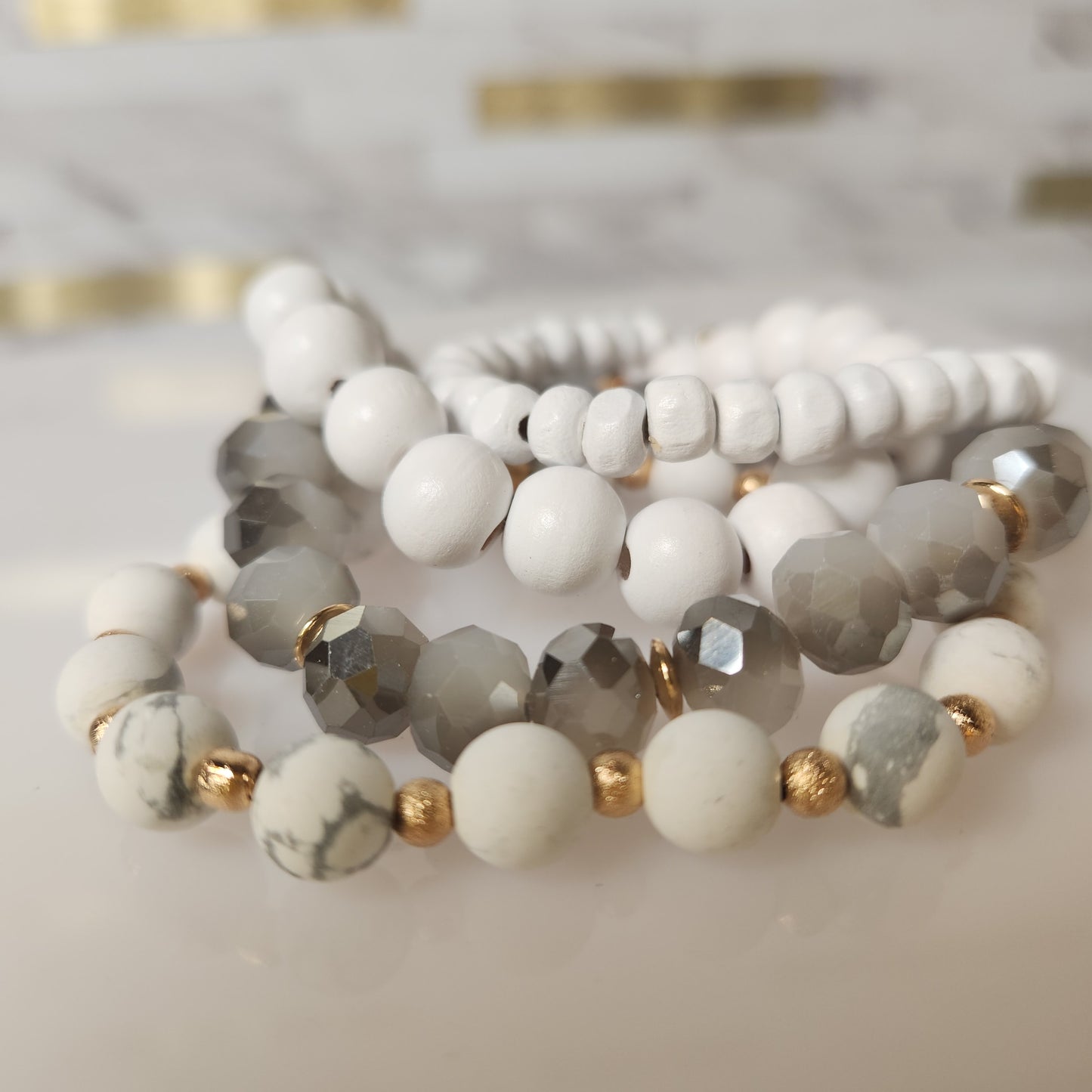 Set of Four Wood, Glass, and Natural Stone Beaded Stretch Bracelets