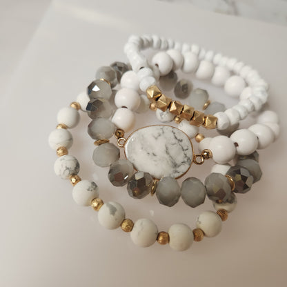 Set of Four Wood, Glass, and Natural Stone Beaded Stretch Bracelets