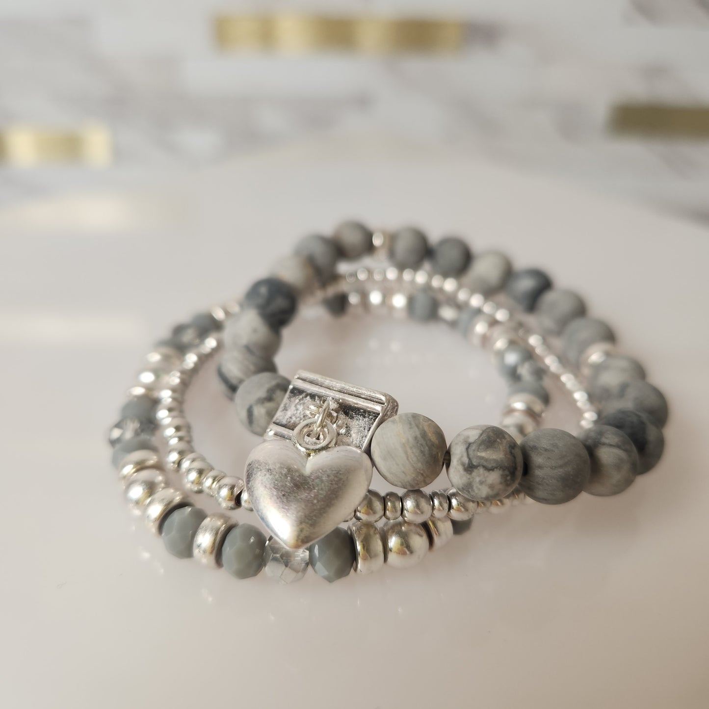 Set of Three Silver Heart Semi Precious Beaded Stretch Bracelets