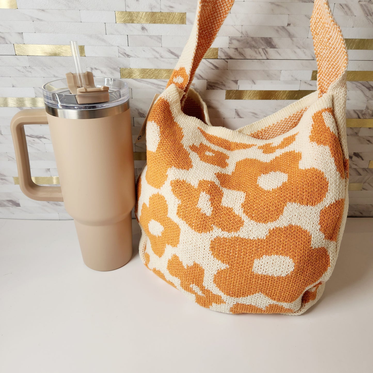 Orange Floral Knit Shoulder Bag